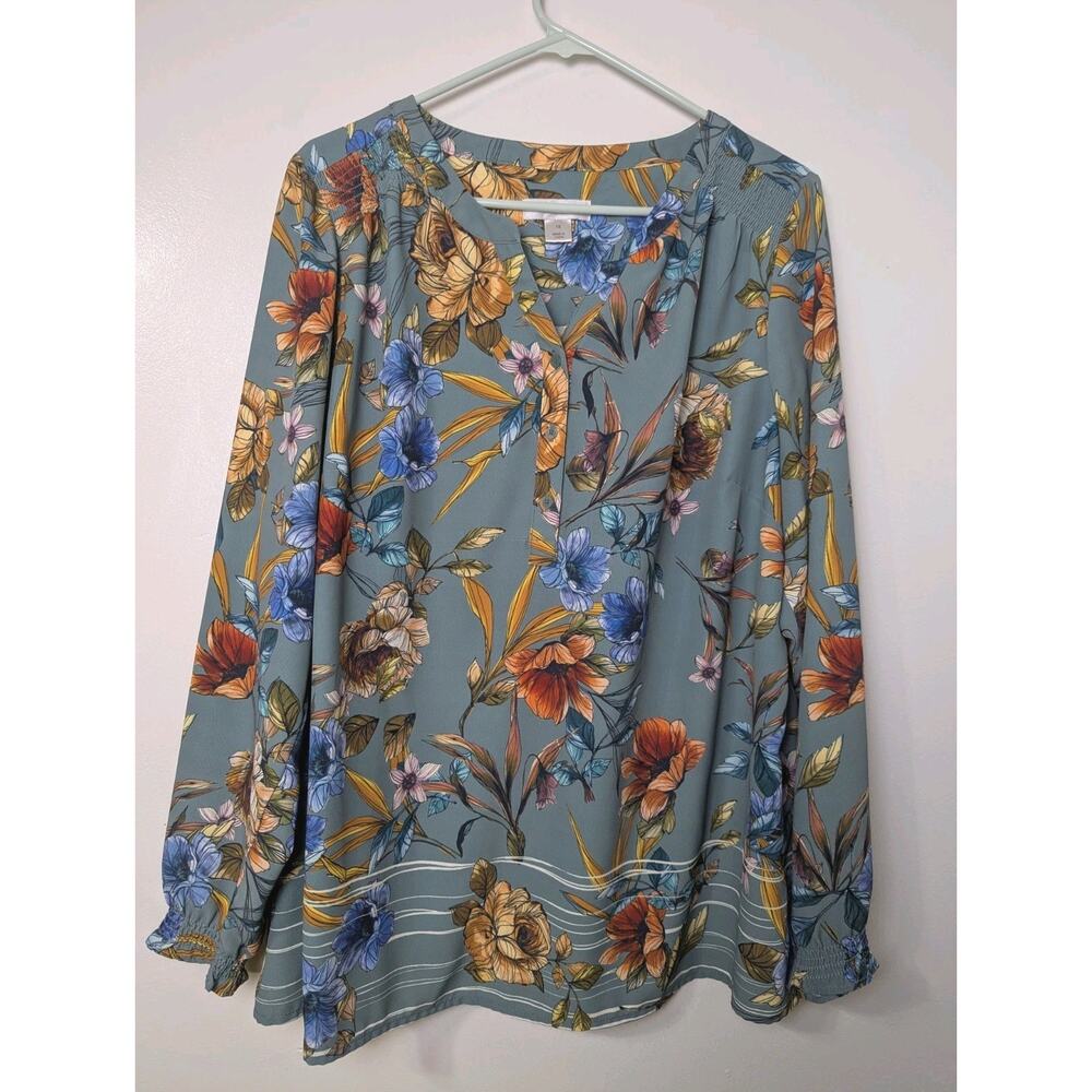 CJ Banks Top Women's 1X Green Multi Color Floral Popover Blouse Long Sleeve